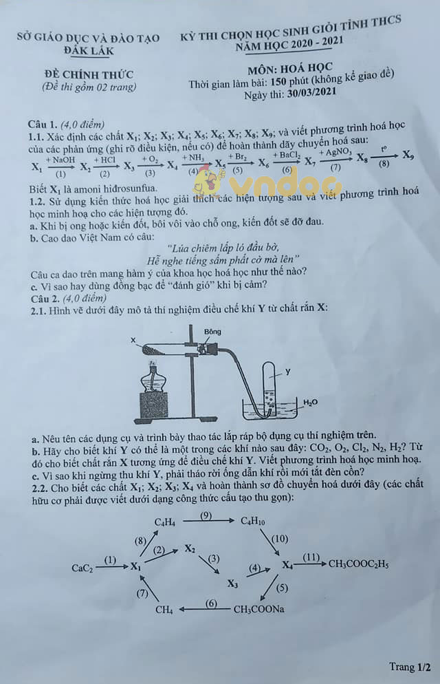Đề thi chọn học sinh giỏi lớp 9 môn Hóa học Sở GD&ĐT Đăk Lăk năm 2020 - 2021