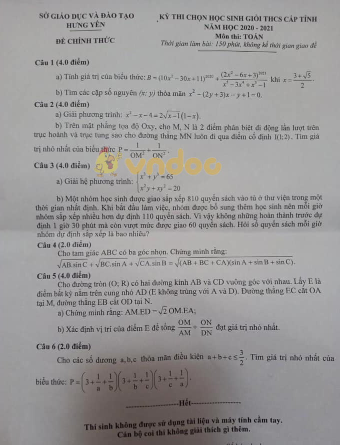 Đề thi chọn học sinh giỏi lớp 9 môn Toán Sở GD&ĐT Hưng Yên năm 2020 - 2021