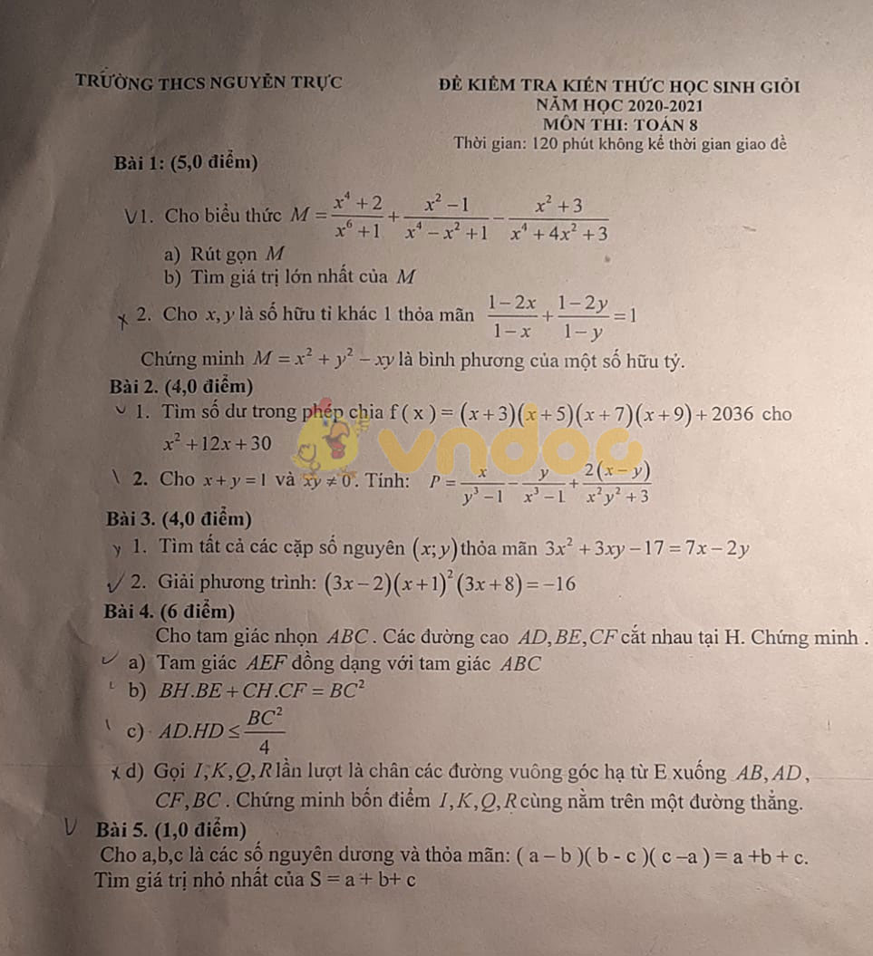 Đề thi học sinh giỏi lớp 8 môn Toán Trường THCS Nguyễn Trực năm 2020 - 2021