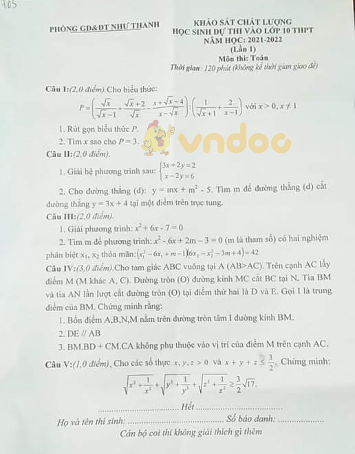 Đề thi KSCL vào lớp 10 môn Toán Phòng GD&ĐT Như Thanh năm 2021 - 2022 (lần 1)