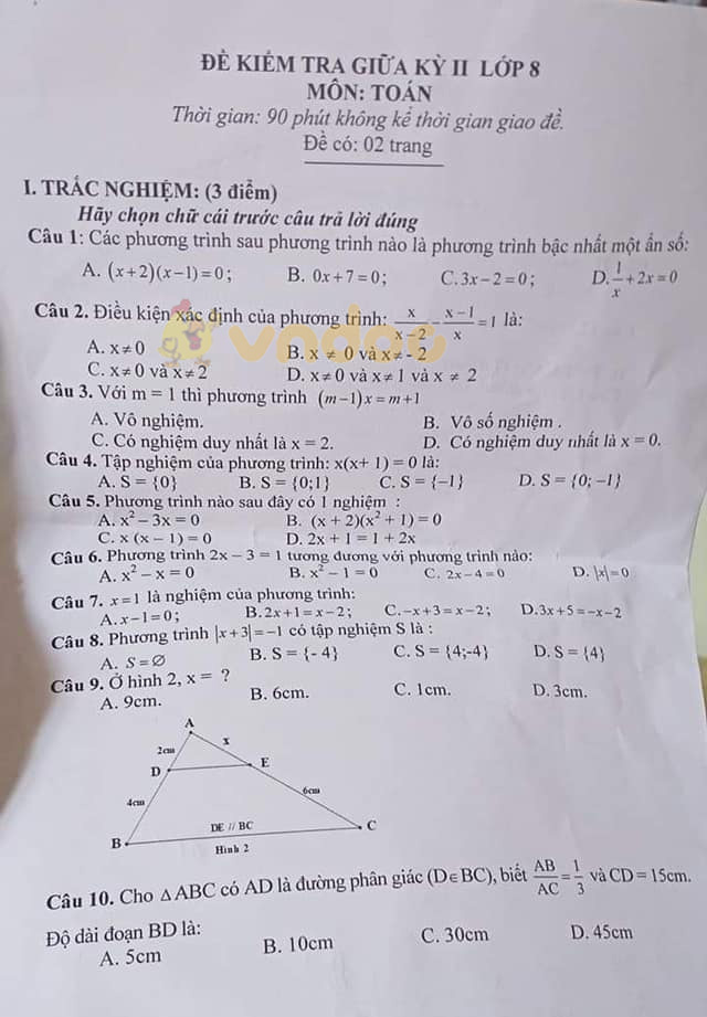 Đề thi giữa học kì 2 lớp 8 môn Toán trường THCS Yên Lập năm 2020 - 2021