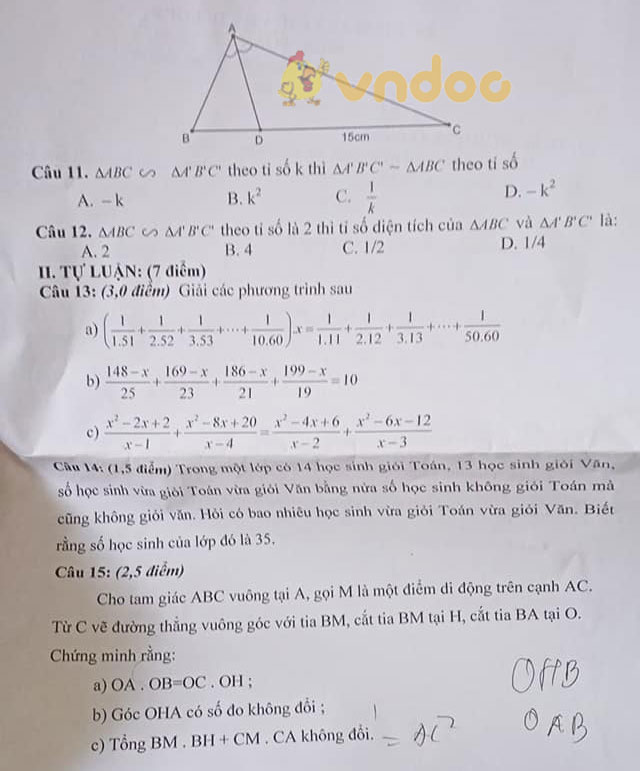 Đề thi giữa học kì 2 lớp 8 môn Toán trường THCS Yên Lập năm 2020 - 2021