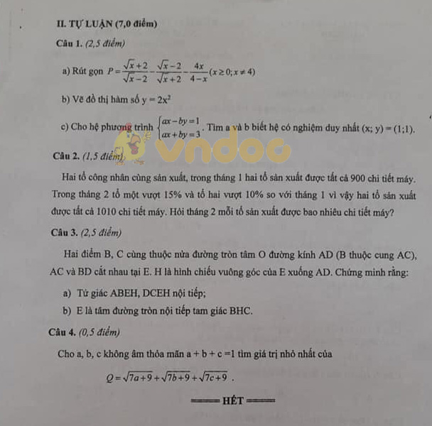 Đề thi giữa học kì 2 lớp 9 môn Toán Sở GD&ĐT Bắc Ninh năm 2020 - 2021