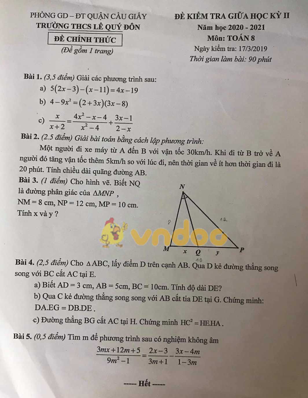 Đề thi giữa học kì 2 lớp 8 môn Toán trường THCS Lê Quý Đôn, Cầu Giấy năm 2020 - 2021
