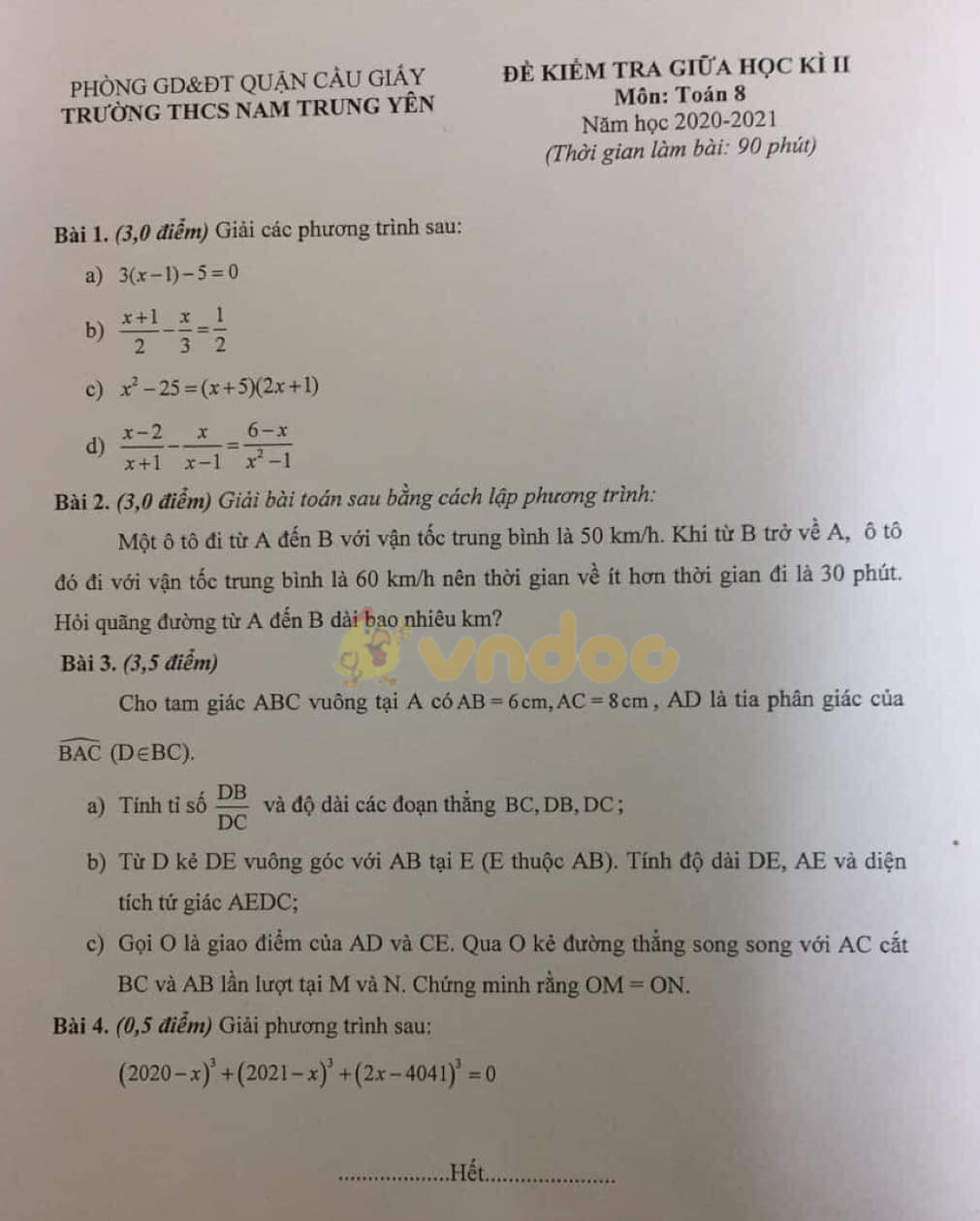Đề thi giữa học kì 2 lớp 8 môn Toán trường THCS Nam Trung Yên, Cầu Giấy năm 2020 - 2021