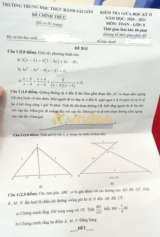 Đề thi giữa học kì 2 lớp 8 môn Toán trường Trung học Thực Hành Sài Gòn năm 2020 - 2021