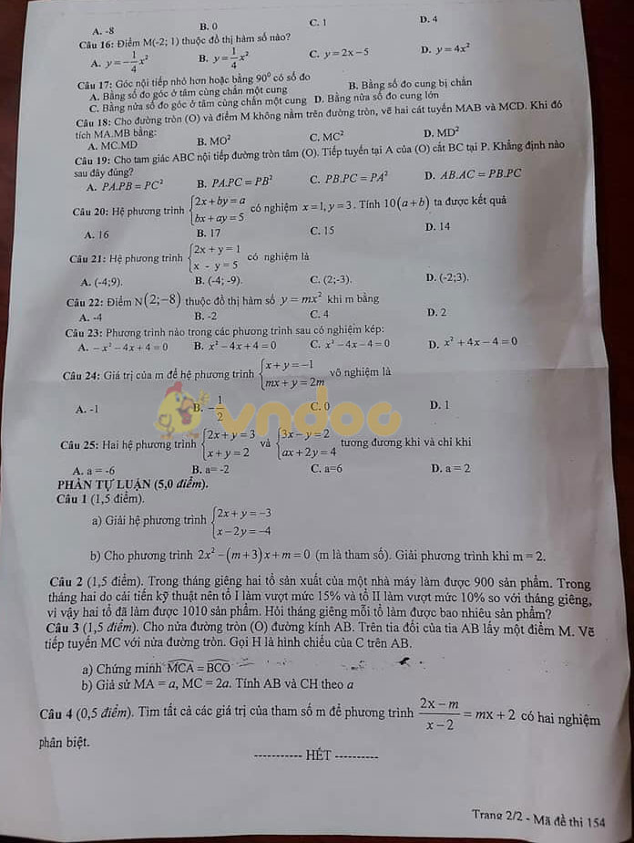 Đề thi giữa học kì 2 lớp 9 môn Toán phòng GD&ĐT Hiệp Hòa năm 2020 - 2021