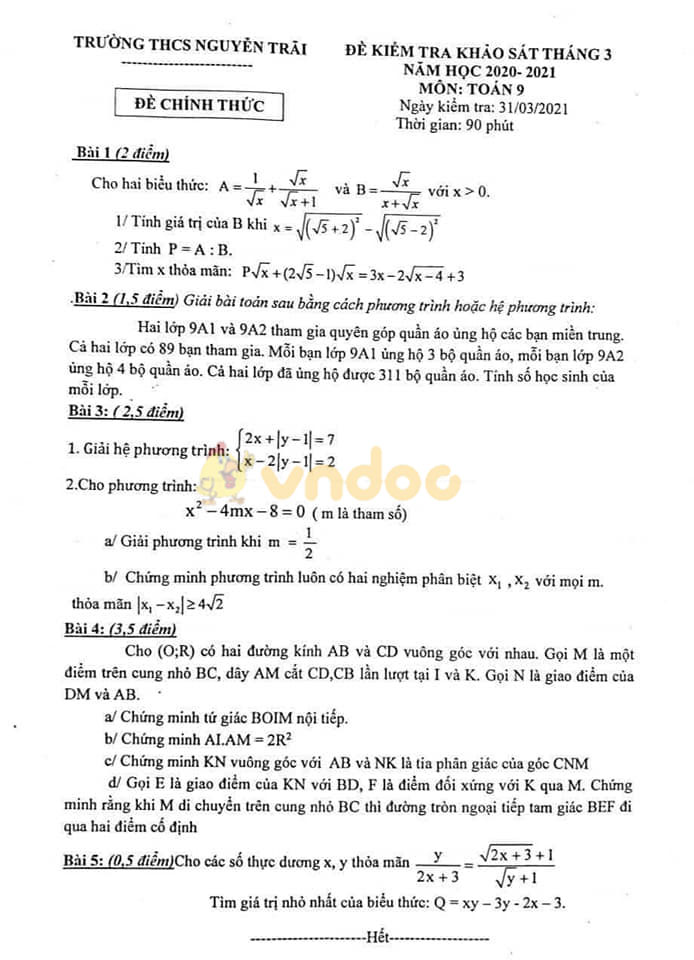Đề thi giữa học kì 2 lớp 9 môn Toán trường THCS Nguyễn Trãi năm 2020 - 2021