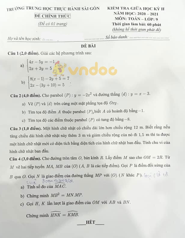 Đề thi giữa học kì 2 lớp 9 môn Toán trường Trung học Thực Hành Sài Gòn năm 2020 - 2021