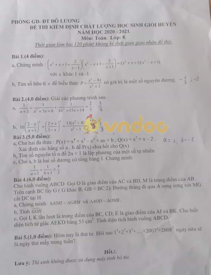 Đề thi học sinh giỏi lớp 8 môn Toán phòng GD&ĐT Đô Lương năm 2020 - 2021