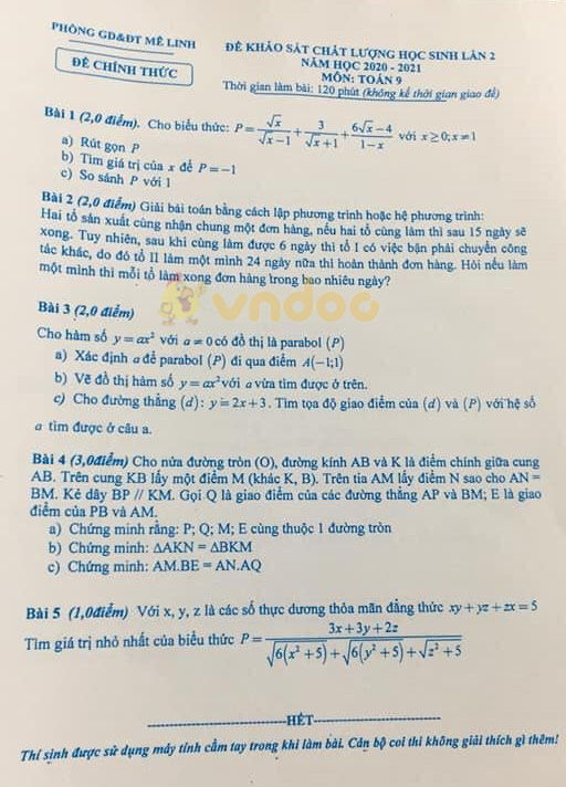 Đề thi KSCL lớp 9 môn Toán phòng GD&ĐT Mê Linh năm học 2020 - 2021 (lần 2)
