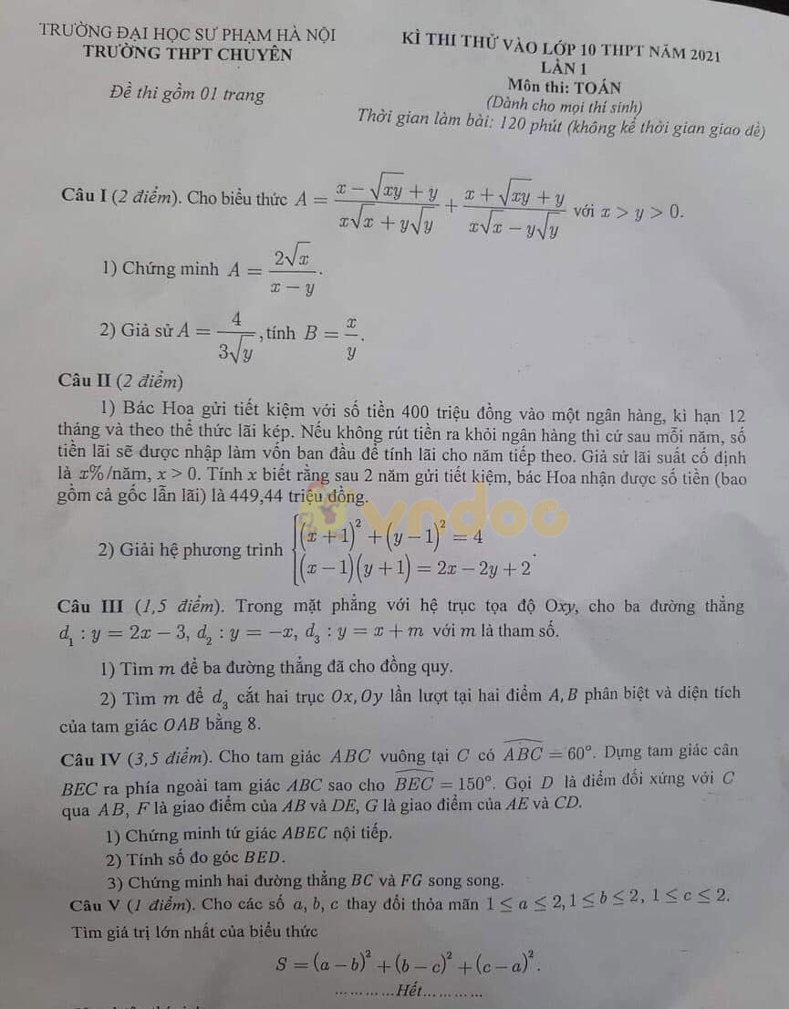 Đề thi thử vào lớp 10 môn Toán Trường Đại học Sư Phạm Hà Nội năm học 2021 - 2022
