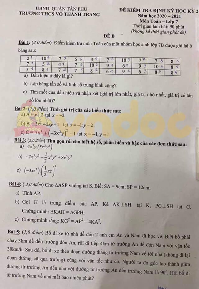 Đề thi giữa kì 2 Toán 7