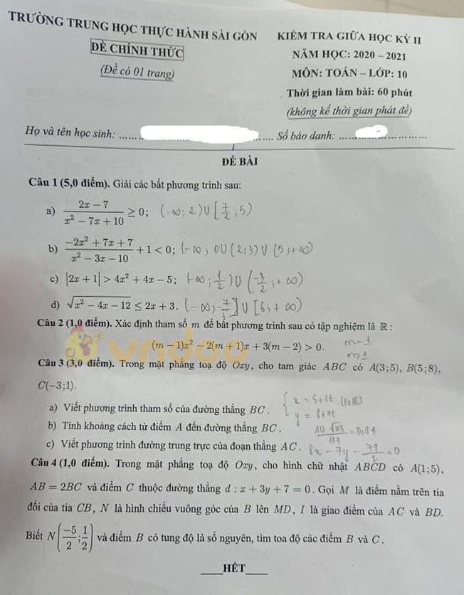 Đề thi giữa học kì 2 lớp 10 môn Toán trường Trung học Thực Hành Sài Gòn năm 2020 - 2021