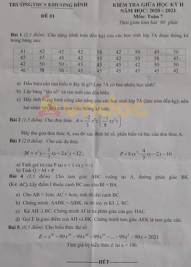 Đề thi giữa kì 2 Toán 7