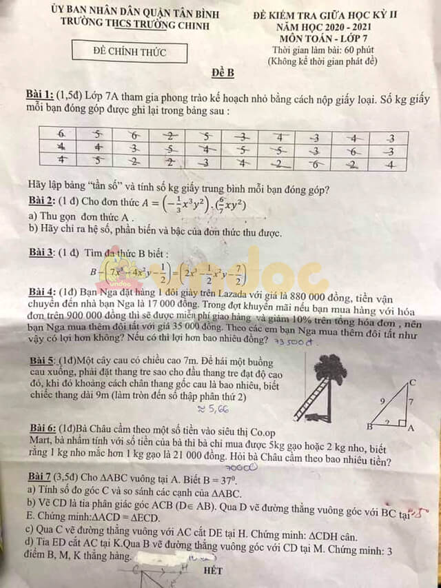 Đề thi giữa kì 2 Toán 7