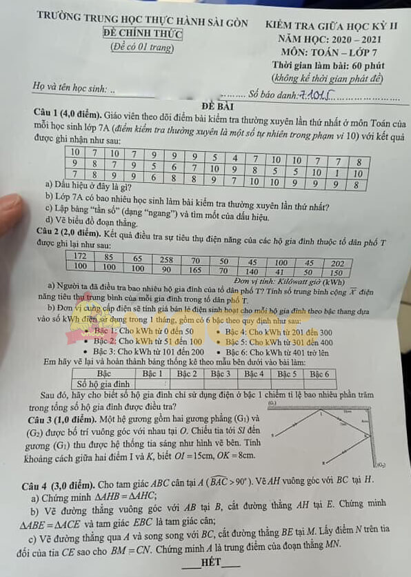 Đề thi giữa kì 2 Toán 7