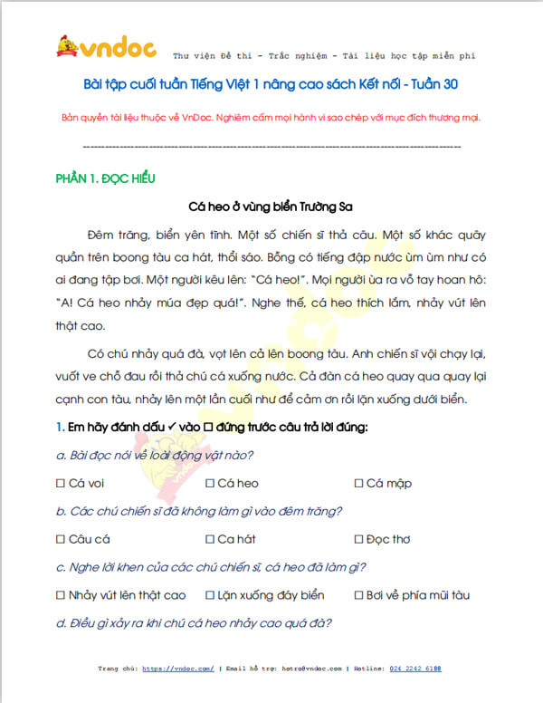 Phiếu bài tập cuối tuần Tiếng Việt 1 nâng cao - Tuần 30 - sách Kết nối