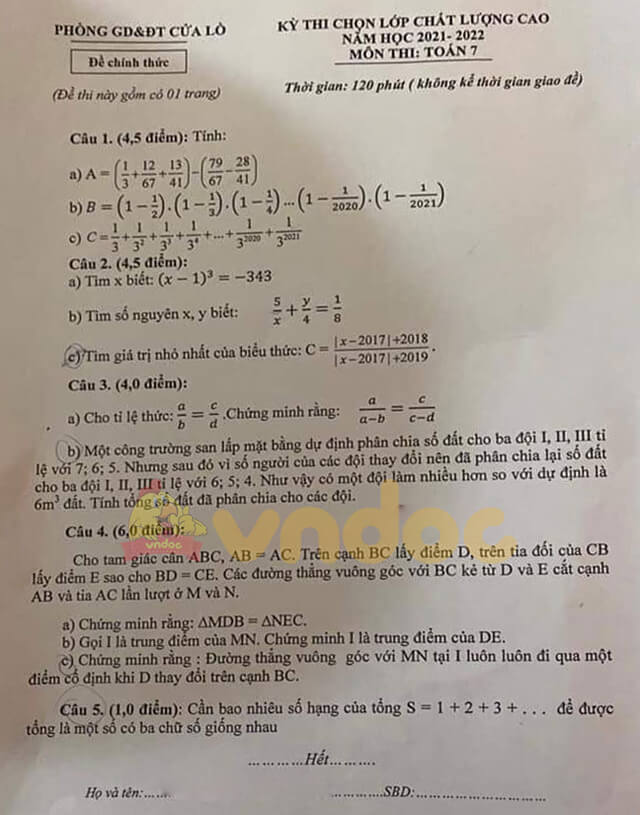 Đề thi học sinh giỏi cấp huyện lớp 7 môn Toán