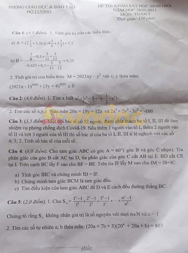 Đề thi chọn học sinh giỏi cấp huyện lớp 7 môn Toán