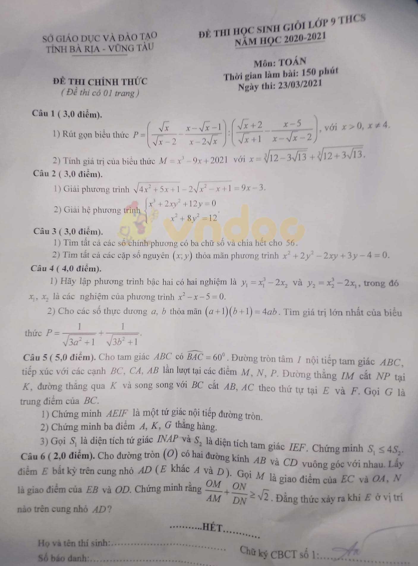 Đề thi chọn học sinh giỏi lớp 9 môn Toán Sở GD&ĐT Bà Rịa - Vũng Tàu năm 2020 - 2021