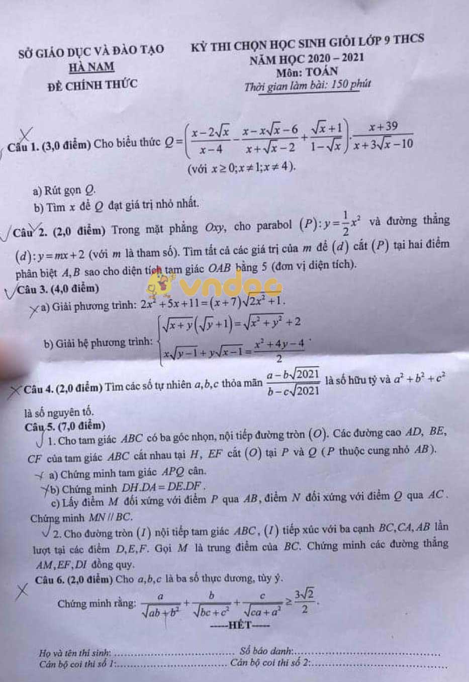 Đề thi chọn học sinh giỏi lớp 9 môn Toán Sở GD&ĐT Hà Nam năm 2020 - 2021