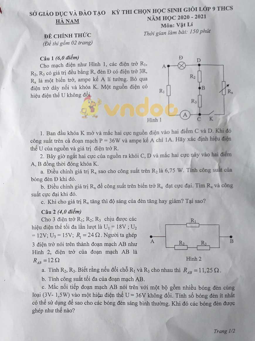 Đề thi chọn học sinh giỏi lớp 9 môn Vật lý Sở GD&ĐT Hà Nam năm 2020 - 2021