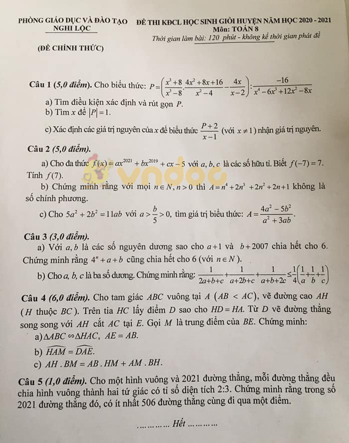 Đề thi học sinh giỏi lớp 8 môn Toán phòng GD&ĐT Nghi Lộc năm 2020 - 2021