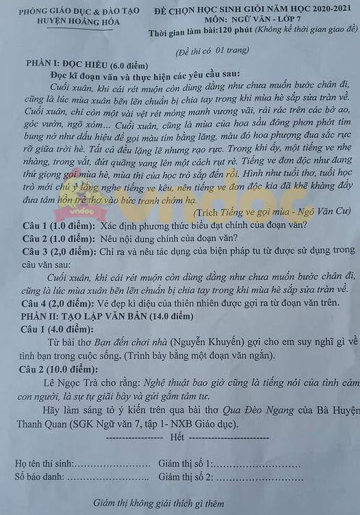 Đề thi hsg Văn 7