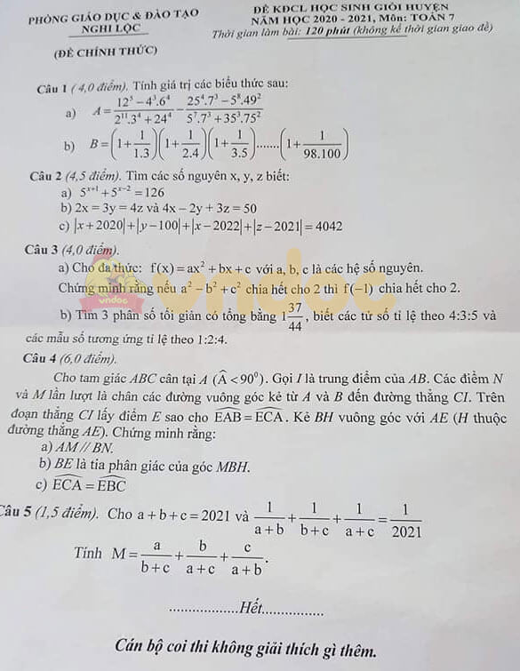 Đề thi học sinh giỏi cấp huyện lớp 7 môn Toán