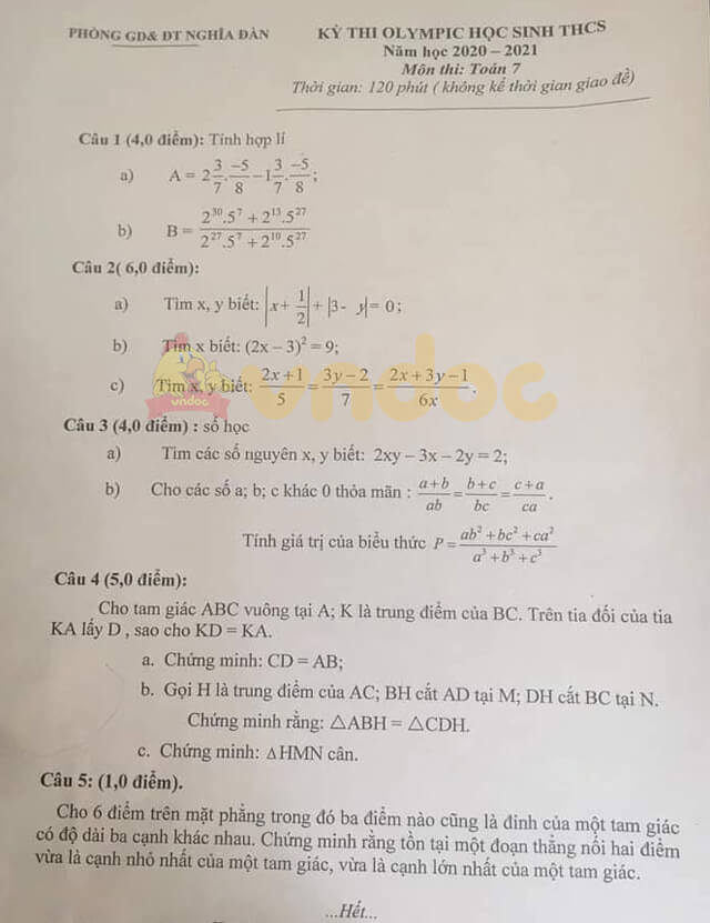 Đề thi học sinh giỏi cấp huyện lớp 7 môn Toán