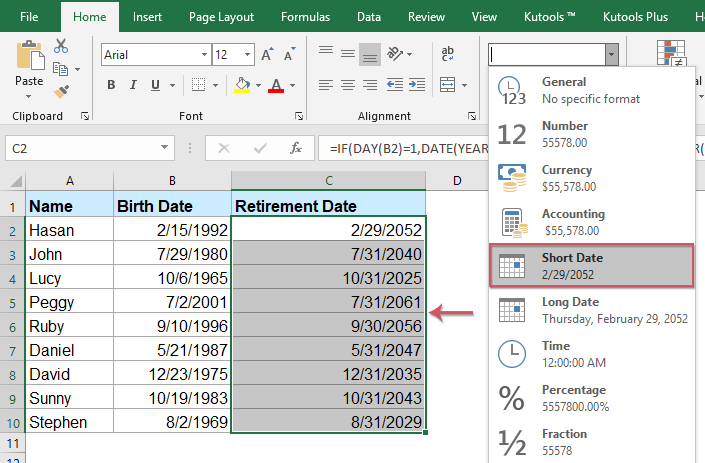 Cách tính ngày nghỉ hưu trong excel