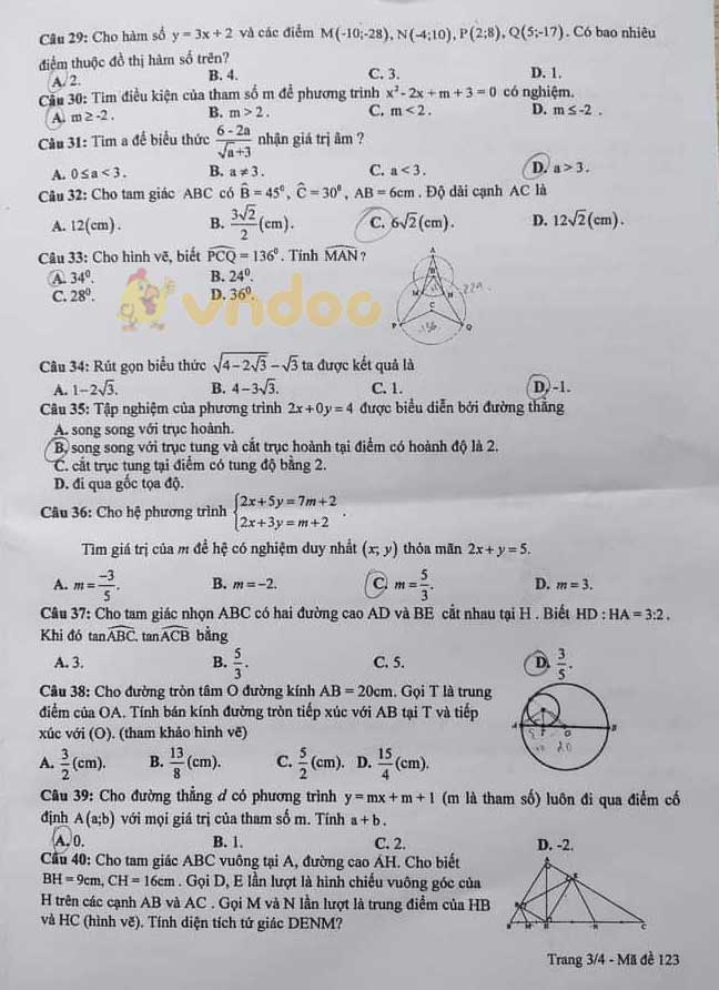 Đề thi giữa học kì 2 lớp 9 môn Toán Sở GD&ĐT Hưng Yên năm 2020 - 2021