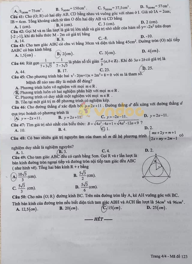 Đề thi giữa học kì 2 lớp 9 môn Toán Sở GD&ĐT Hưng Yên năm 2020 - 2021