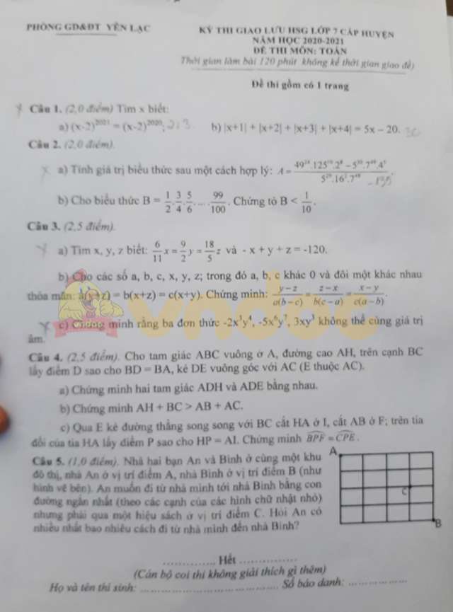 Đề thi học sinh giỏi cấp huyện lớp 7 môn Toán