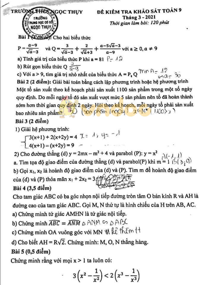 Đề thi giữa học kì 2 lớp 9 môn Toán Trường THCS Ngọc Thụy năm 2020 - 2021