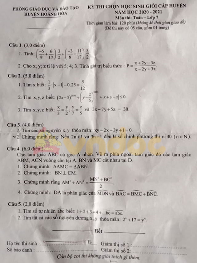Đề thi học sinh giỏi cấp huyện lớp 7 môn Toán
