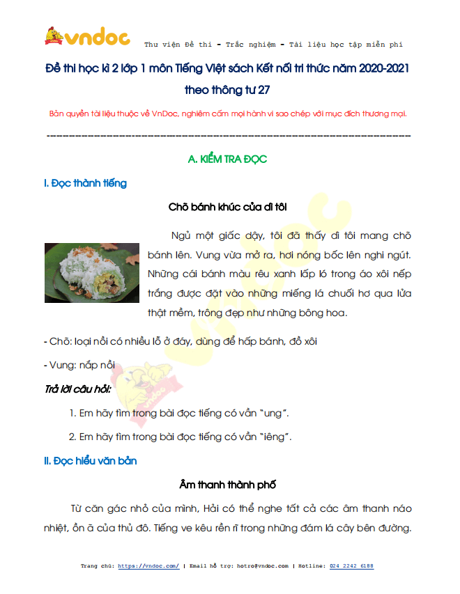 Đề thi học kì 2 lớp 1 môn Tiếng Việt sách Kết nối tri thức năm 2020-2021 theo Thông tư 27