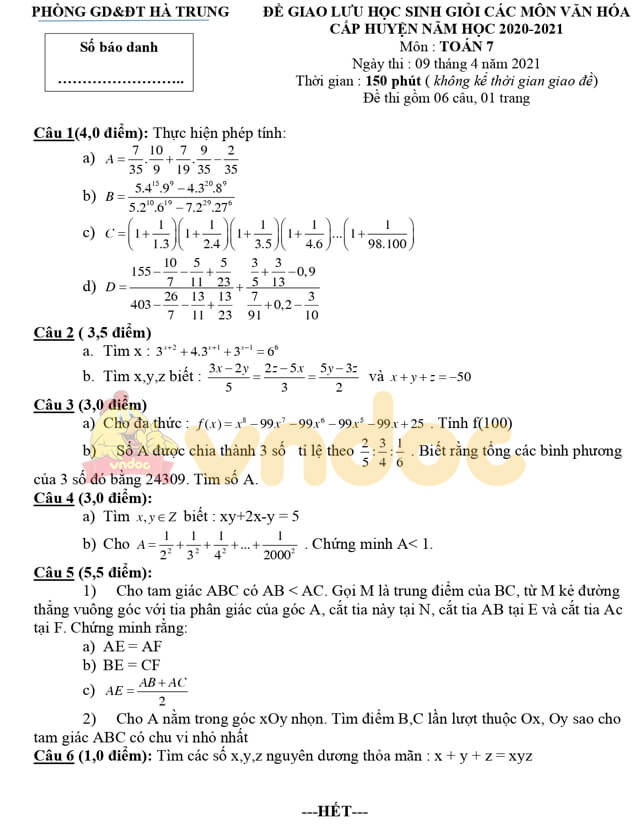 Đề thi học sinh giỏi cấp huyện lớp 7 môn Toán