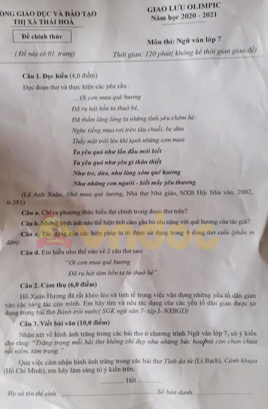 Đề thi hsg Văn 7