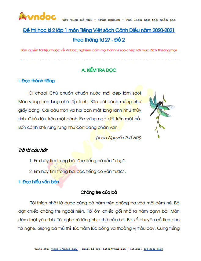Đề thi học kì 2 lớp 1 môn Tiếng Việt sách Cánh Diều năm 2020-2021 theo Thông tư 27 - Đề 2