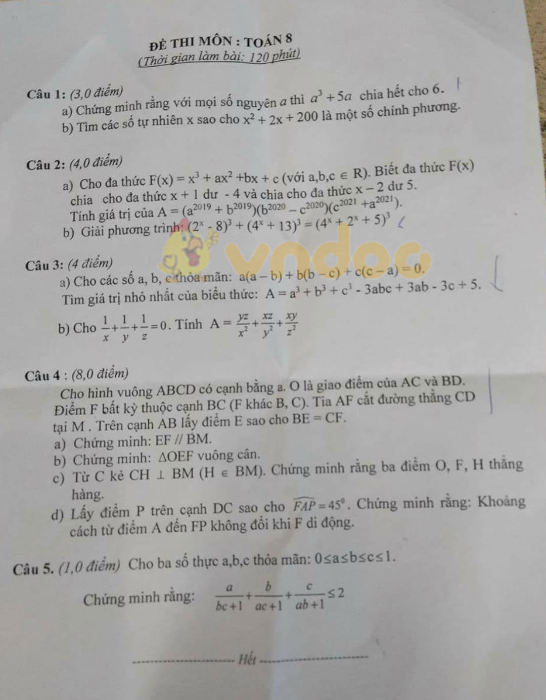 Đề thi học sinh giỏi lớp 8 môn Toán phòng GD&ĐT Thanh Chương năm 2020 - 2021