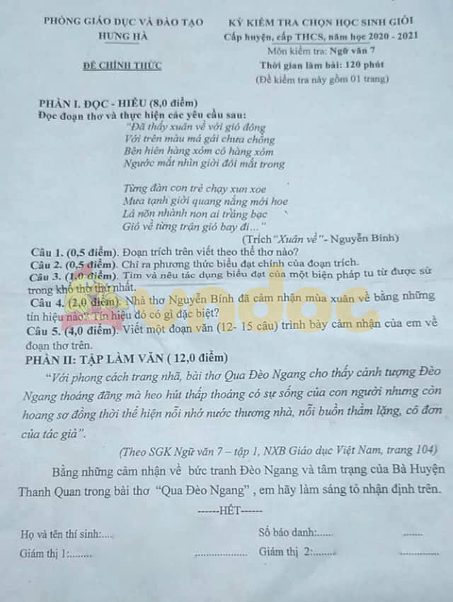 Đề thi hsg Văn 7