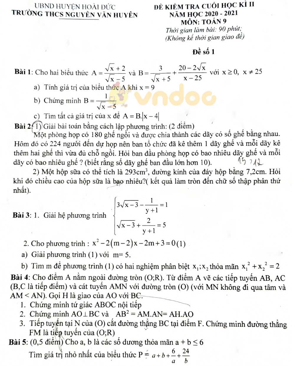 Đề thi học kì 2 Toán 9 Trường THCS Nguyễn Văn Huyên, Hoài Đức năm 2020 - 2021