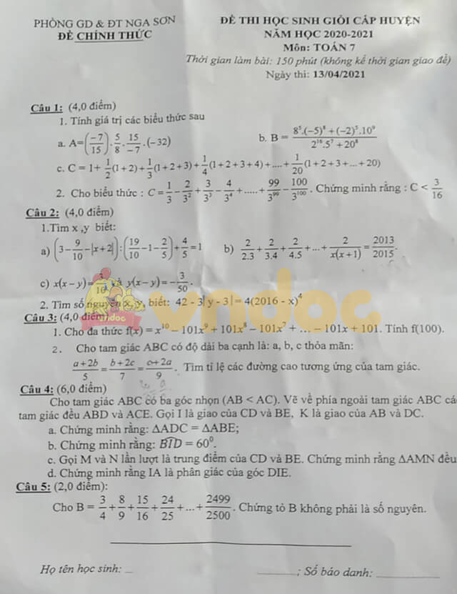 Đề thi học sinh giỏi cấp huyện lớp 7 môn Toán