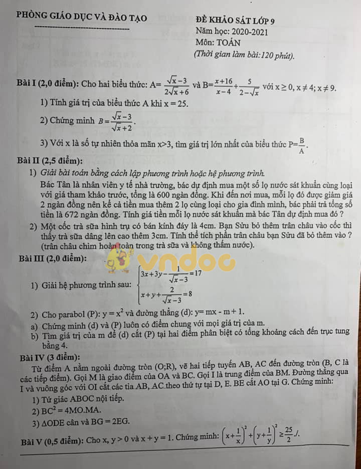 Đề khảo sát lớp 9 môn Toán Phòng GD&ĐT huyện Đông Anh năm 2020 - 2021