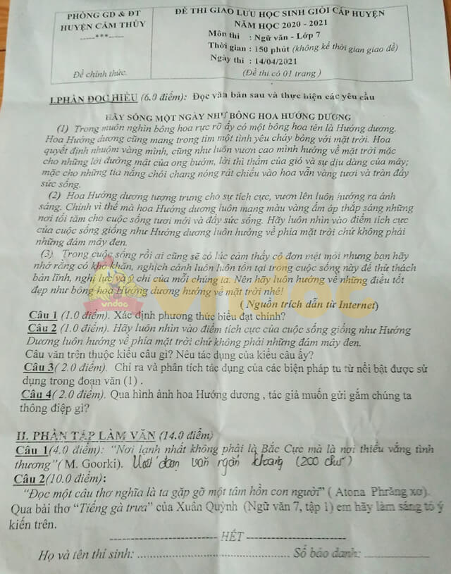 Đề thi hsg Văn 7