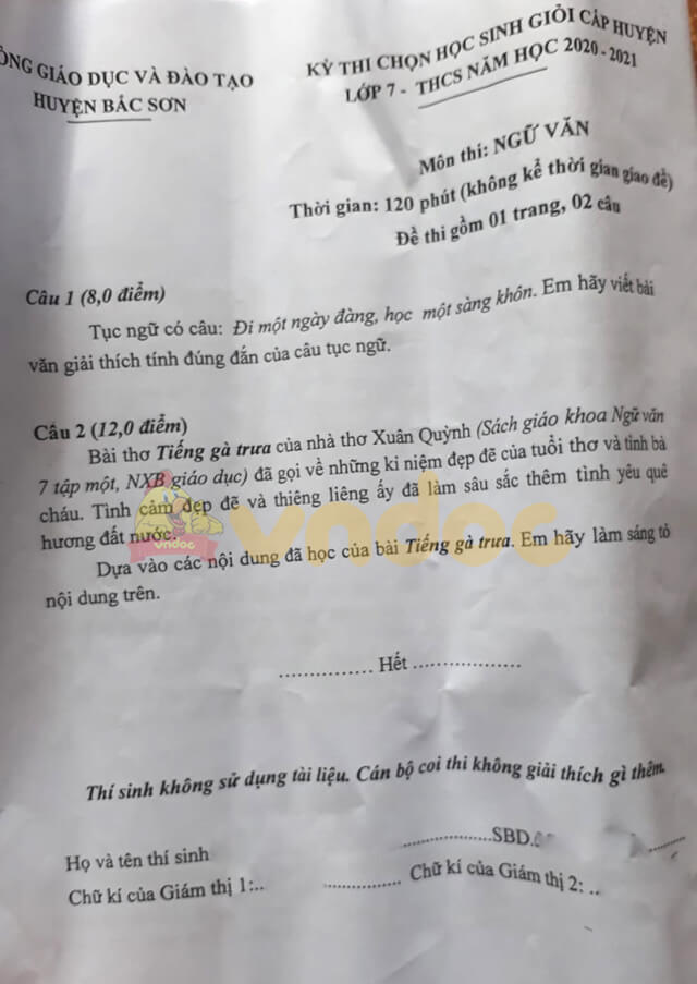 Đề thi hsg Văn 7