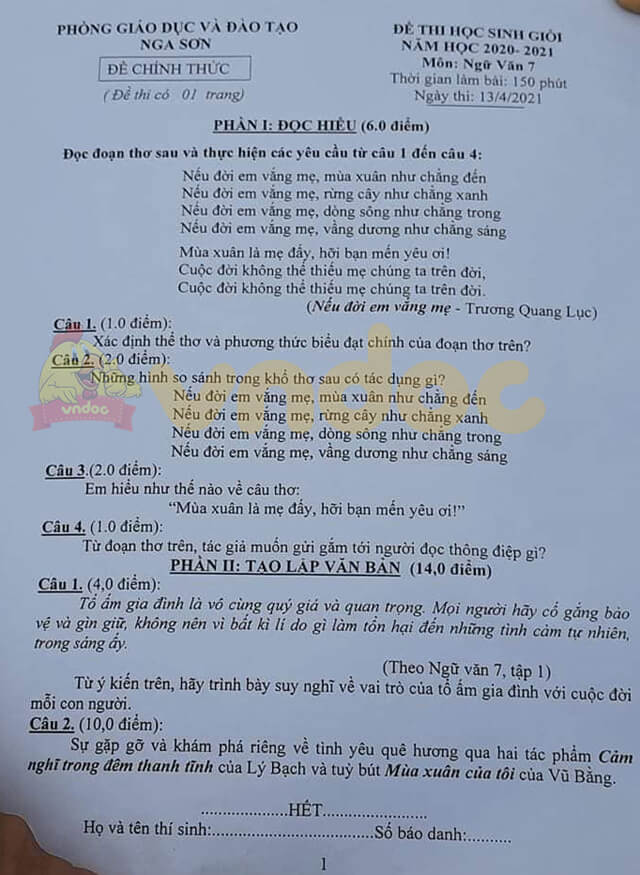 Đề thi hsg Văn 7