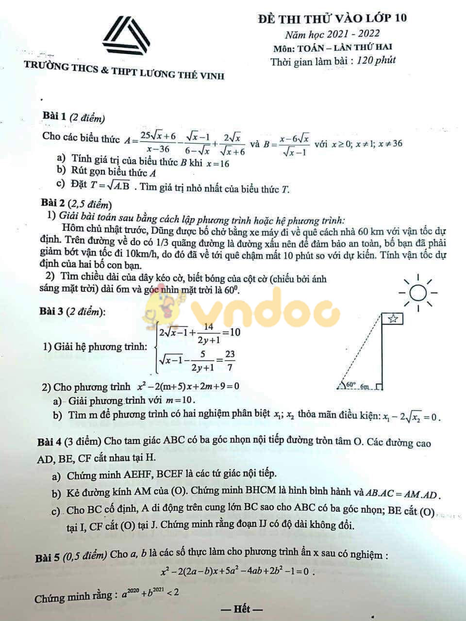 Đề thi thử vào lớp 10 môn Toán trường THCS & THPT Lương Thế Vinh năm 2021 - 2022 (lần 2)